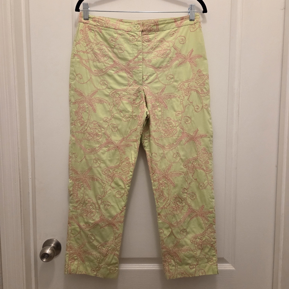LILLY PULITZER women's size 8 cotton capris pants green  pink embroidered palms